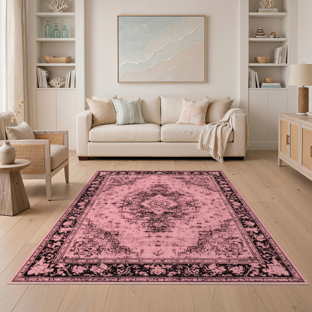 Pink Distressed Vintage Floral Medallion Rug