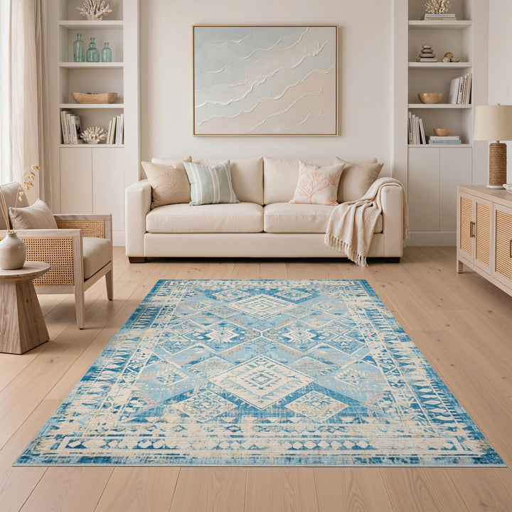 Distressed Blue Diamond Geometric Area Rug