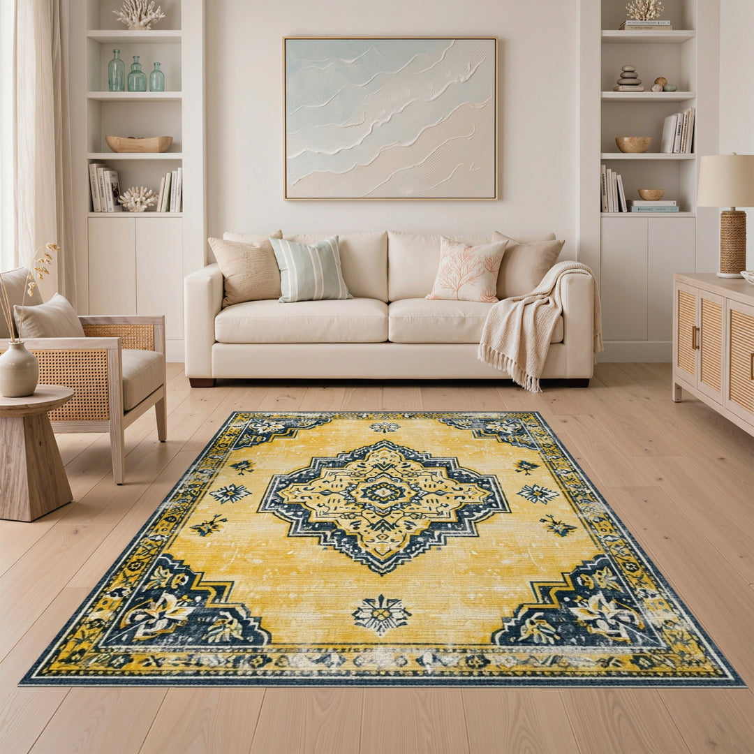 Yellow Distressed Vintage Yellow Distressed Vintage Medallion Area Rug