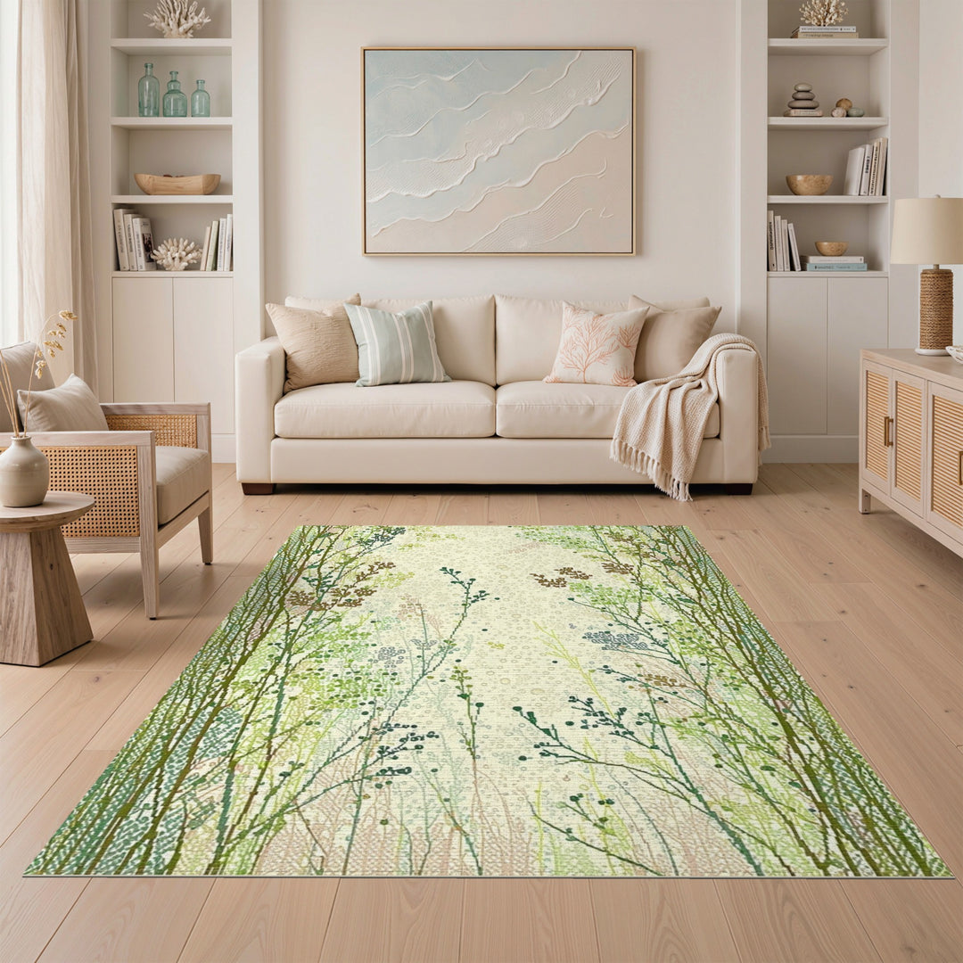 Green Wildflower Meadow Washable Area Rug