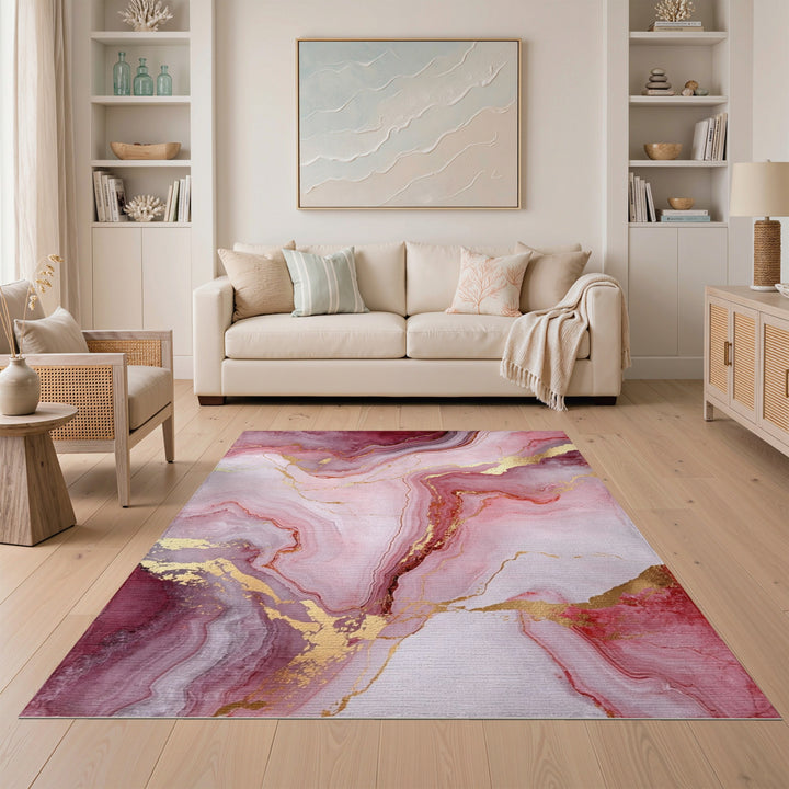 Pink Gold Marble Abstract Pink Area Rug