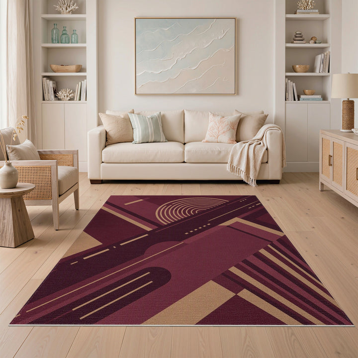 Geometric Red Area Rug with Gold Accents
