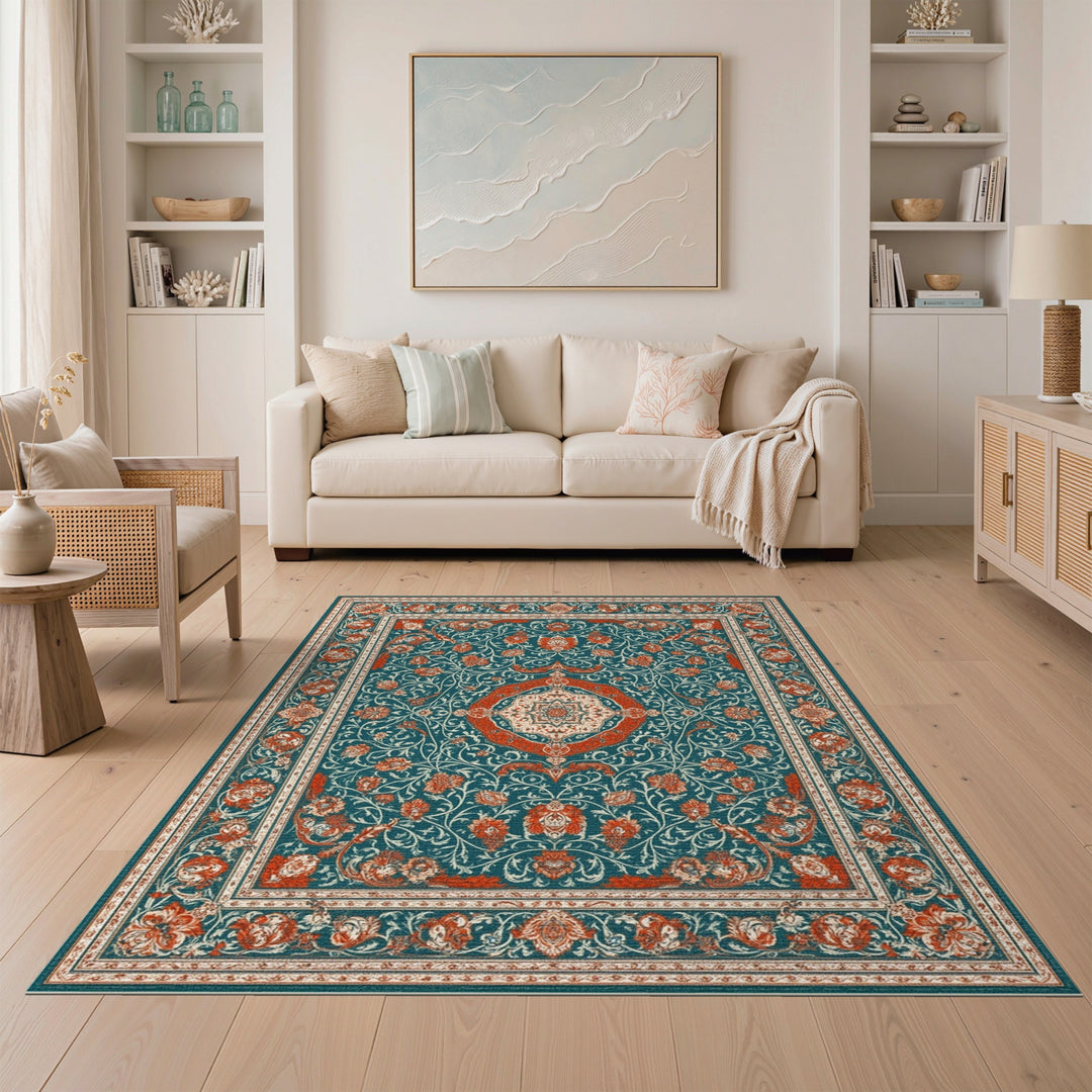 Blue and Teal Red Persian Medallion Area Rug