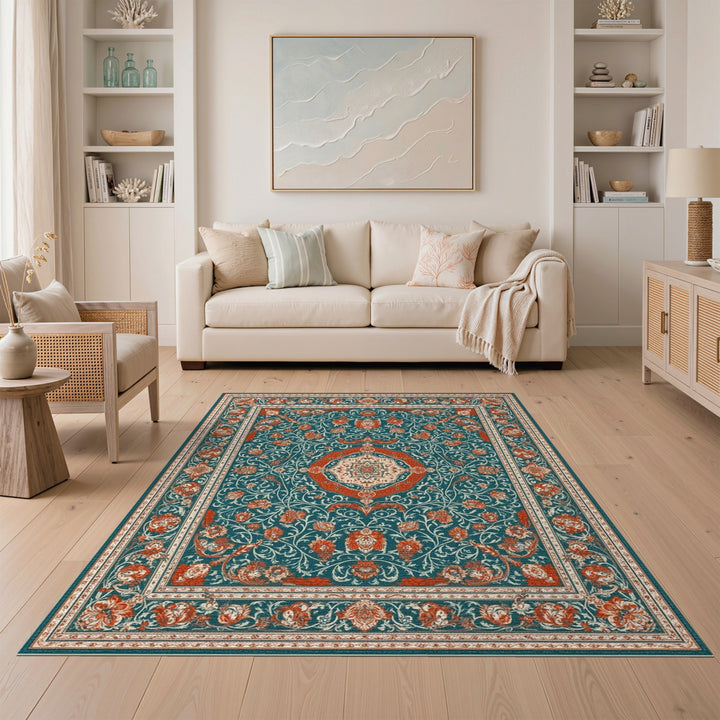 Blue and Teal Red Persian Medallion Area Rug