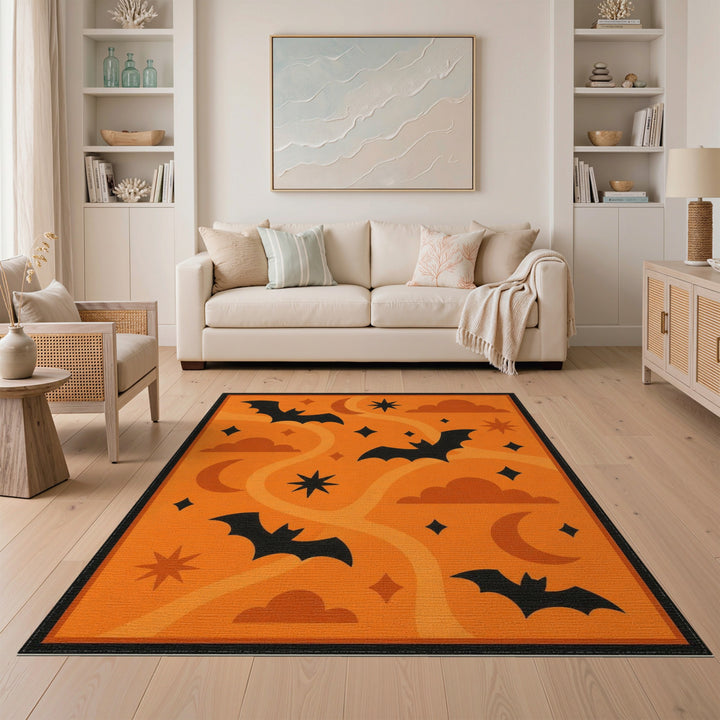 Orange Kids Cartoon Orange Halloween Bats Area Rug