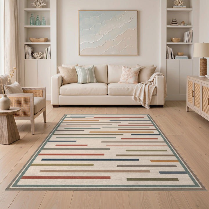 Beige Geometric Striped Geometric Modern Area Rug