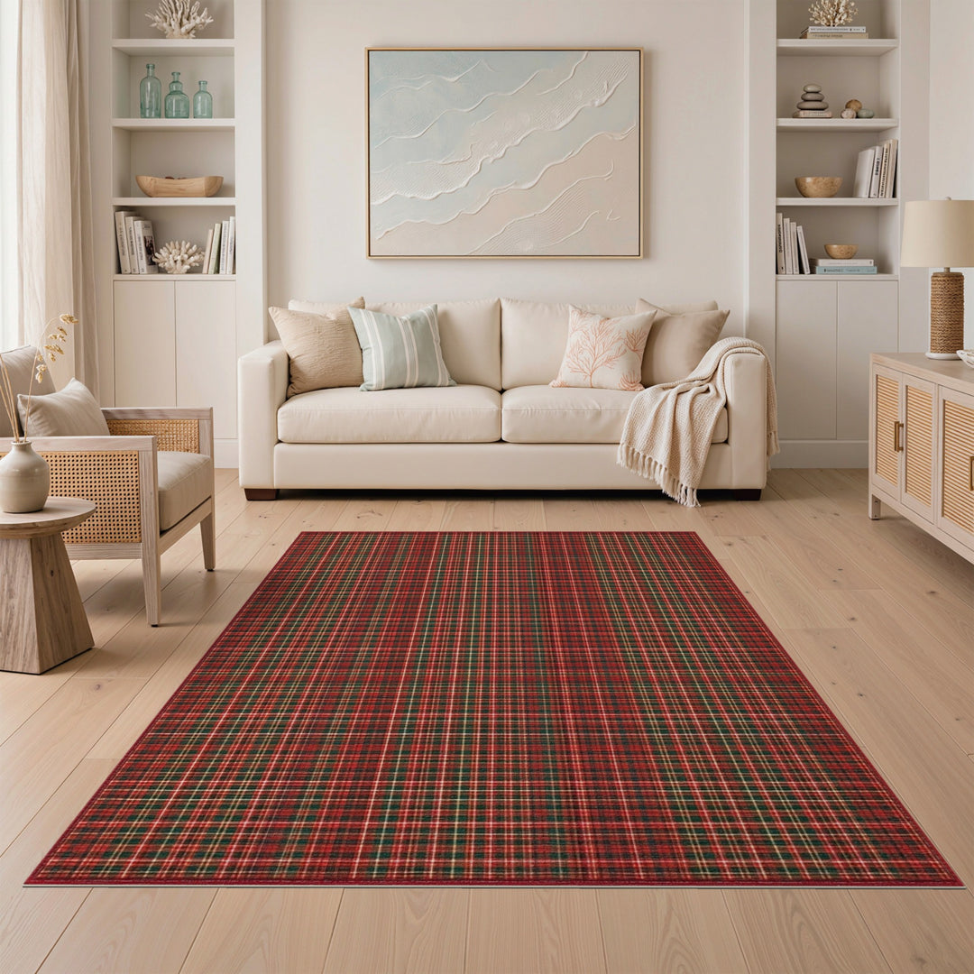 Geometric Modern Red Plaid Washable Area Rug