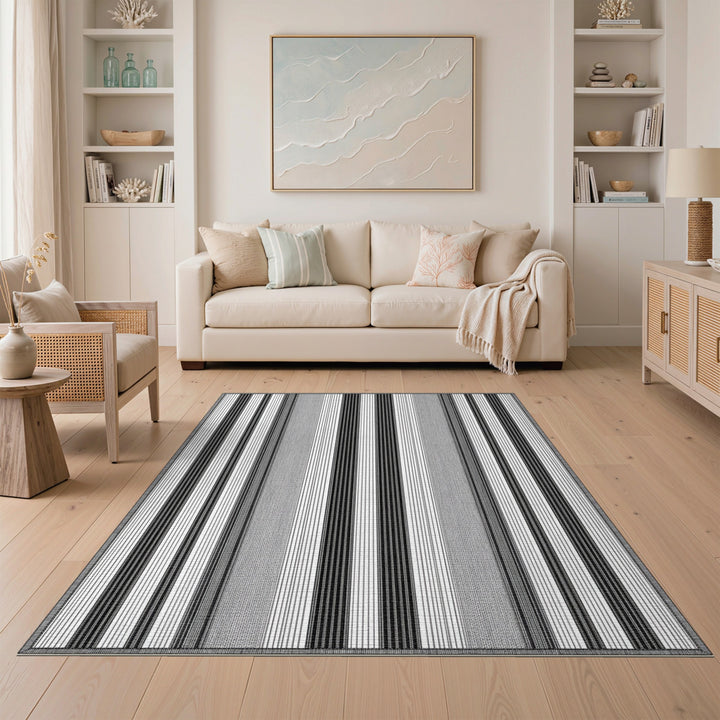 Black White Vertical Stripe Washable Area Rug