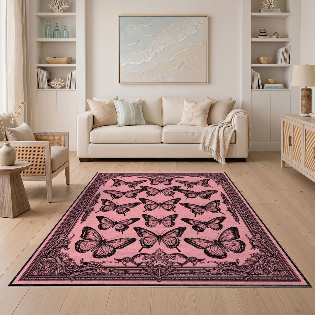 Pink Floral Vintage Pink Butterfly Vintage Area Rug