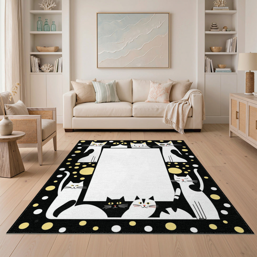 Black White Cartoon Cat Kids Area Rug