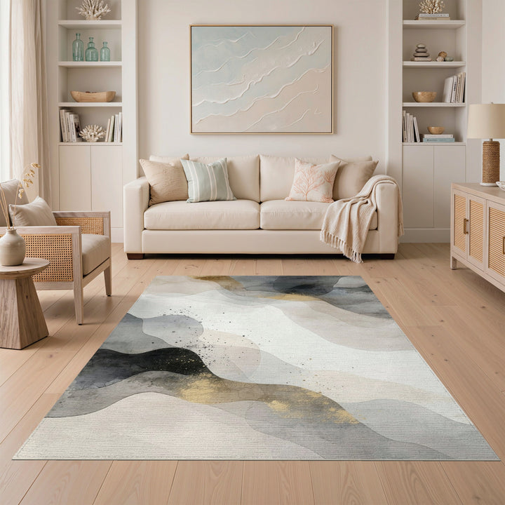 Grey Abstract Flow Area Rug with Gold Accents