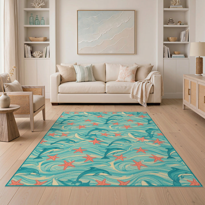 Dolphin Starfish Blue Teal Coastal Area Rug