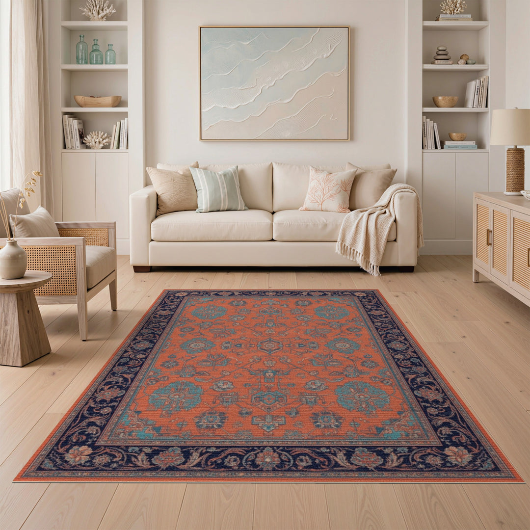 Blue and Teal Orange Teal Traditional Persian Area Rug