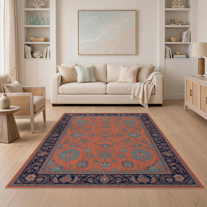 Blue and Teal Orange Teal Traditional Persian Area Rug
