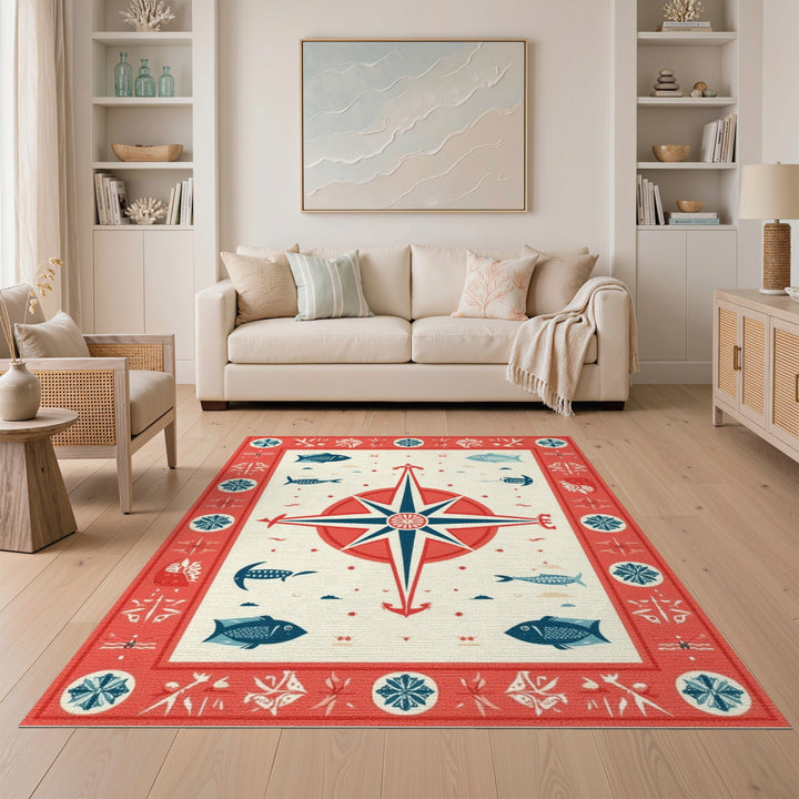 Red Nautical Compass Fish Area Rug