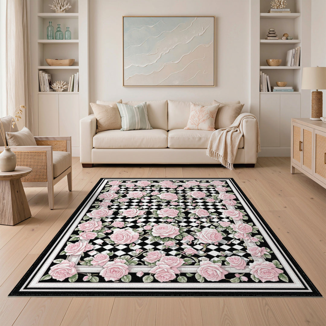 Pink Rose Trellis Checkered Area Rug