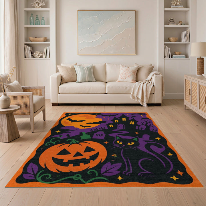 Multi-color and Patterns Spooky Halloween Black Cat Area Rug