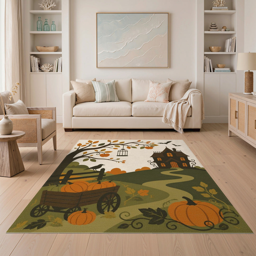 Orange Pumpkin Patch Halloween Area Rug