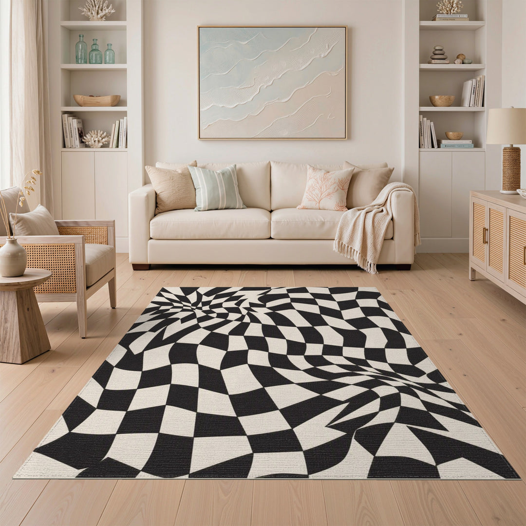 Black White Wavy Checkerboard Area Rug
