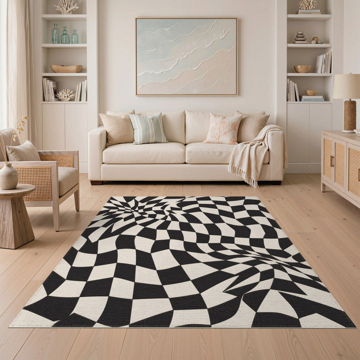 Black White Wavy Checkerboard Area Rug