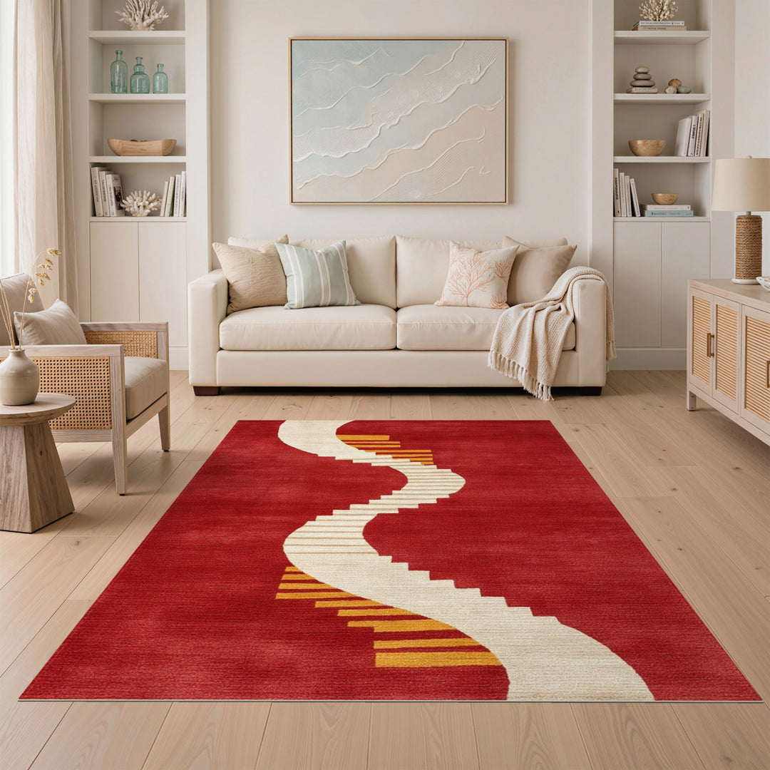 Red Geometric Wave Stair Area Rug