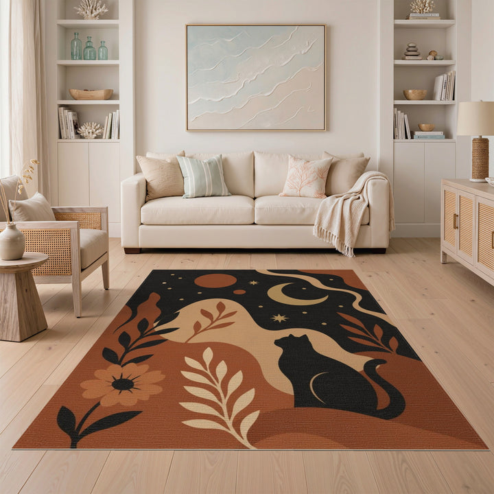 Brown and Tan Celestial Cat Boho Area Rug