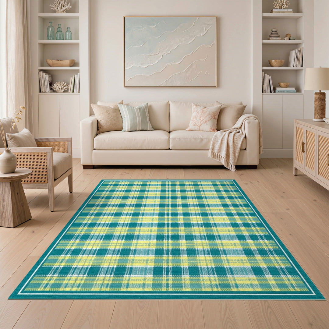 Teal Yellow Plaid Geometric Area Rug