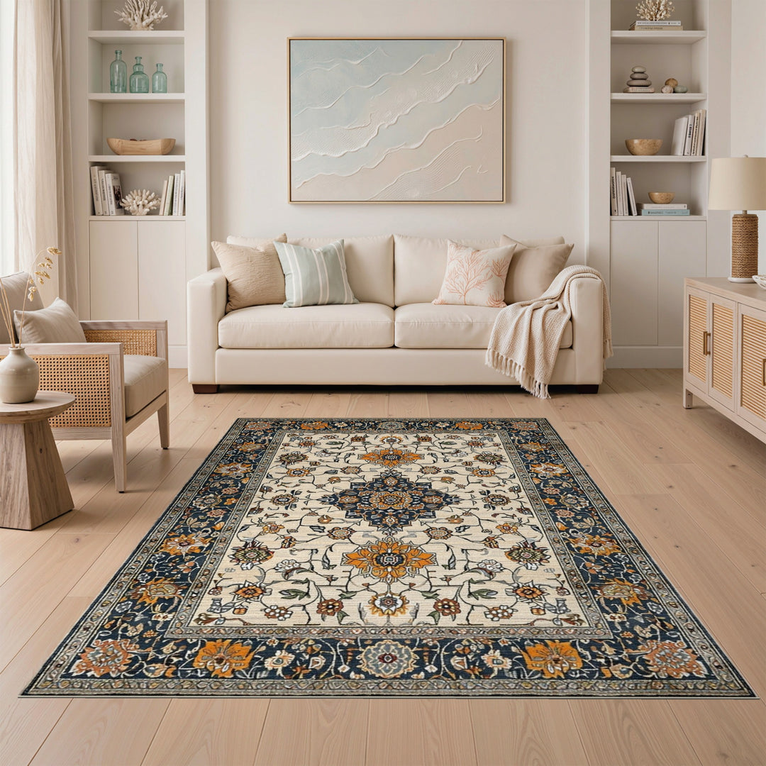 Beige Navy Persian Floral Area Rug