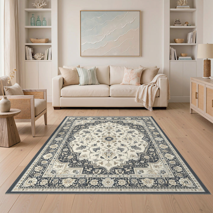 Black Ivory Persian Floral Medallion Area Rug