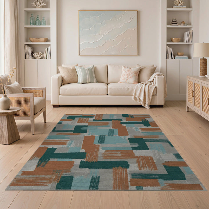 Abstract Geometric Teal Orange Area Rug