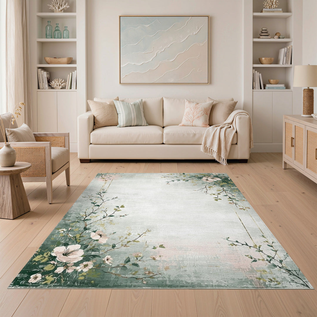 Sage Green Floral Vintage Area Rug