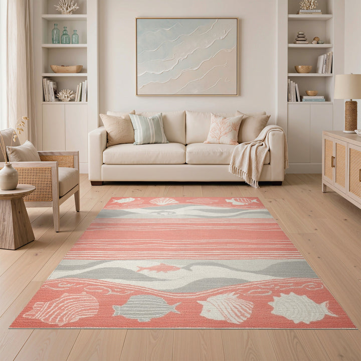 Pink Coastal Fish Wave Area Rug