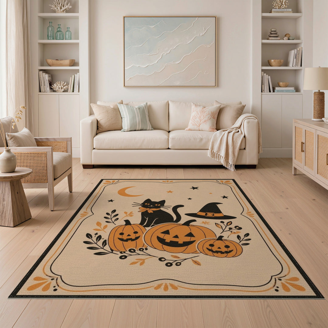 Beige and Neutral Halloween Black Cat Pumpkin Area Rug