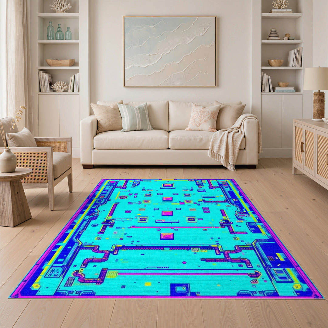 Neon Blue Pixel Circuit Area Rug