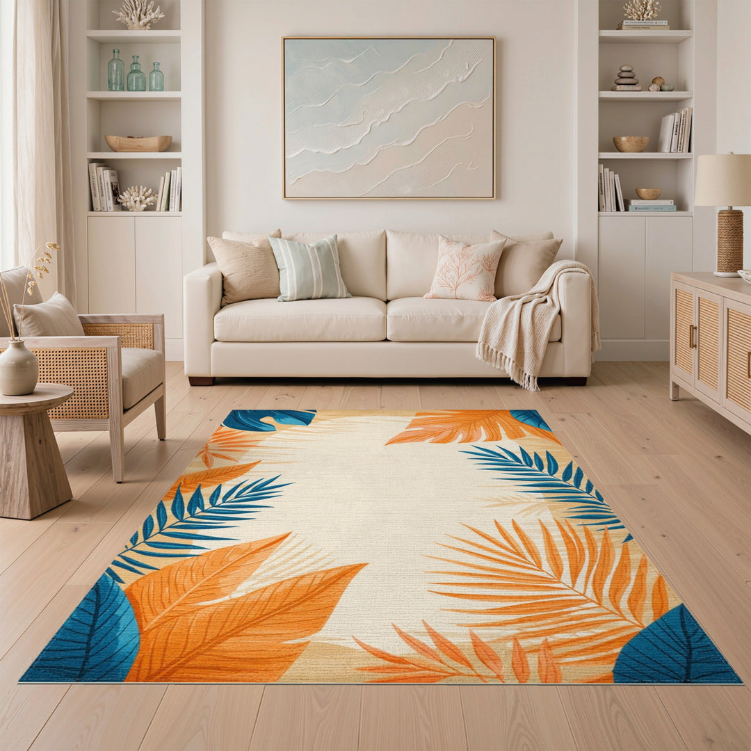 Blue and Orange Palm Leaf Area Rug
