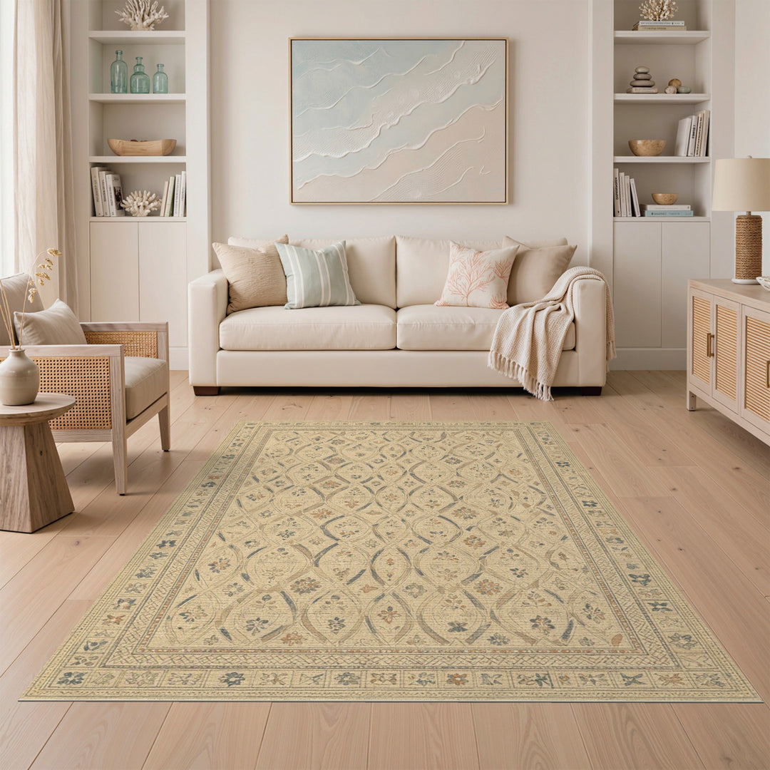 Beige Distressed Floral Lattice Rug
