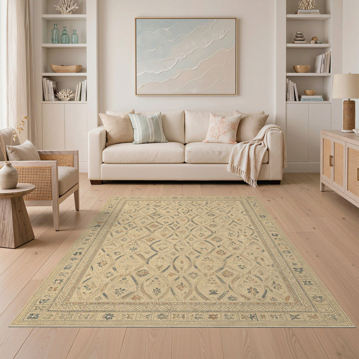 Beige Distressed Floral Lattice Rug