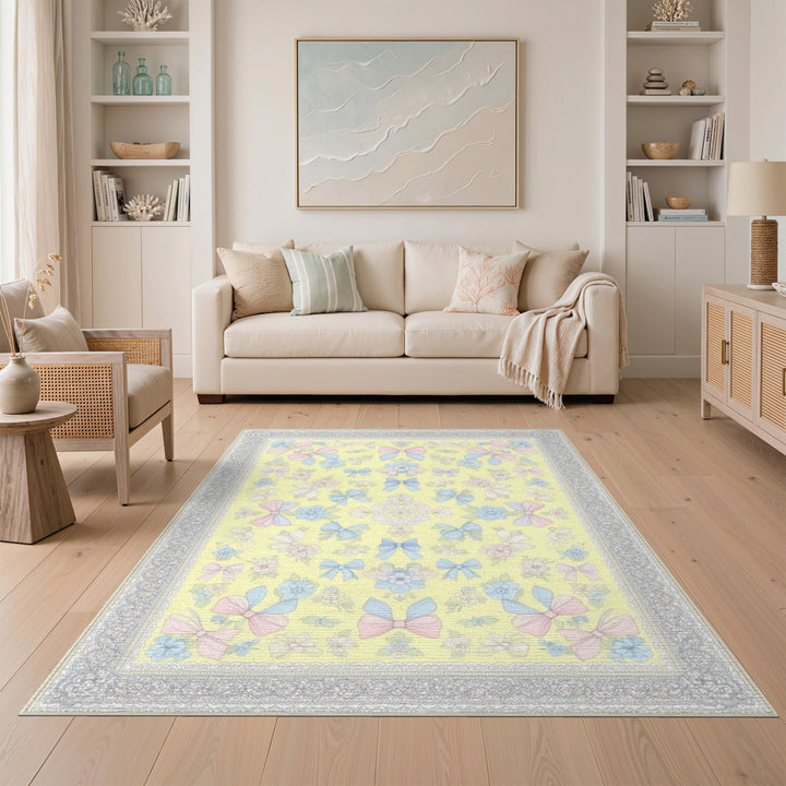 Pastel Bow Floral Yellow Area Rug