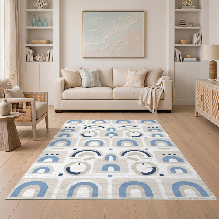 Blue Geometric Arch Washable Area Rug