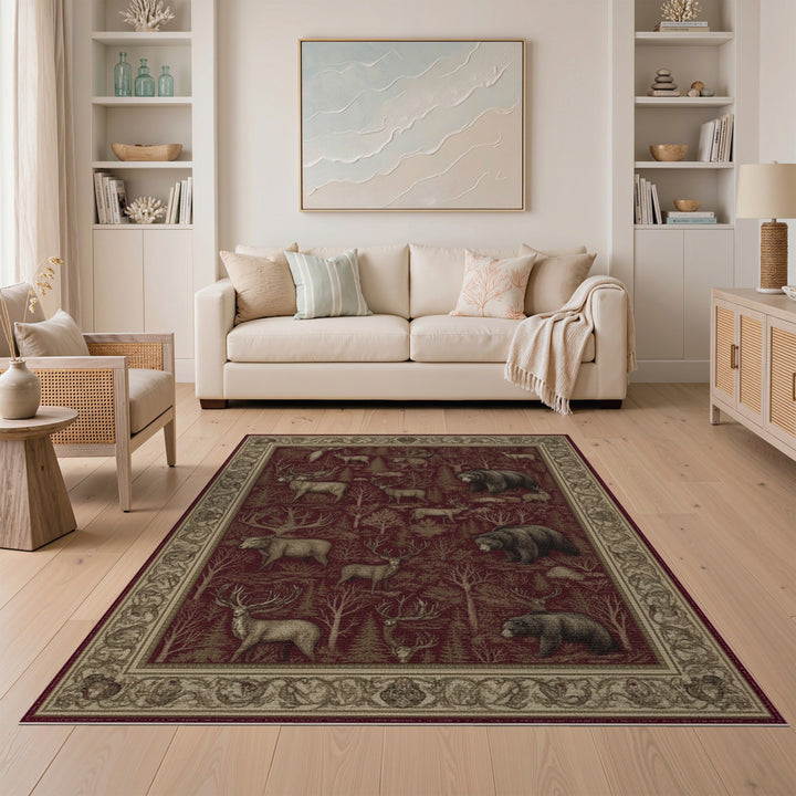 Red Forest Wildlife Area Rug