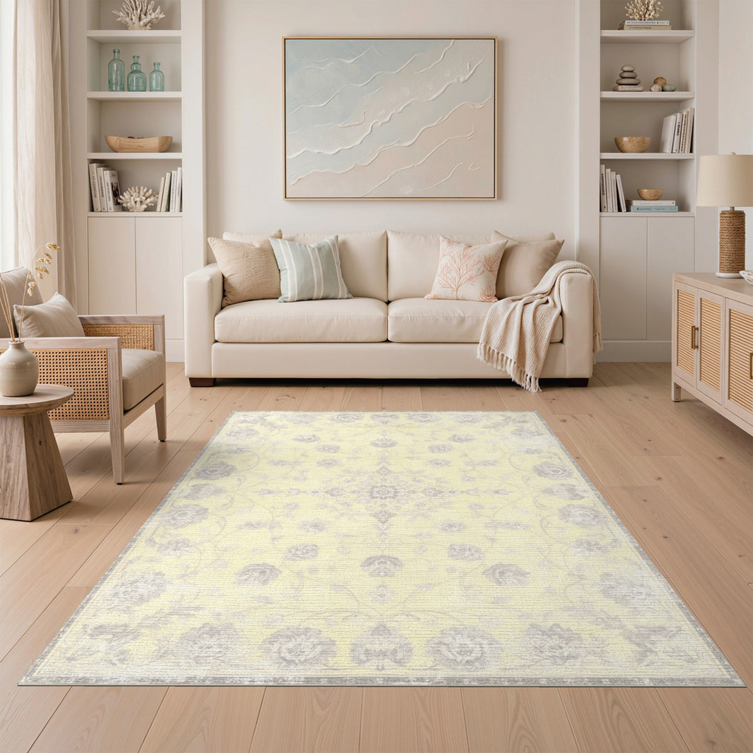 Pale Yellow Grey Floral Vintage Area Rug