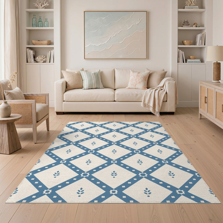 Blue Geometric Diamond Lattice Area Rug