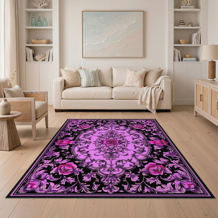 Purple Floral Vintage Area Rug with Pink Roses