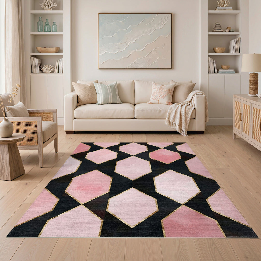 Pink Geometric Diamond Area Rug with Gold Accents