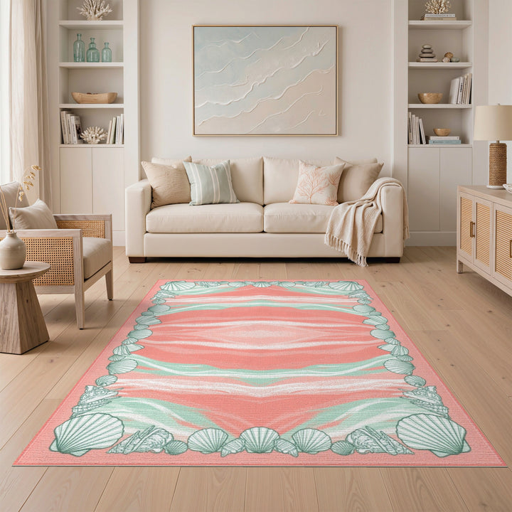 Pink Seashell Border Coastal Area Rug