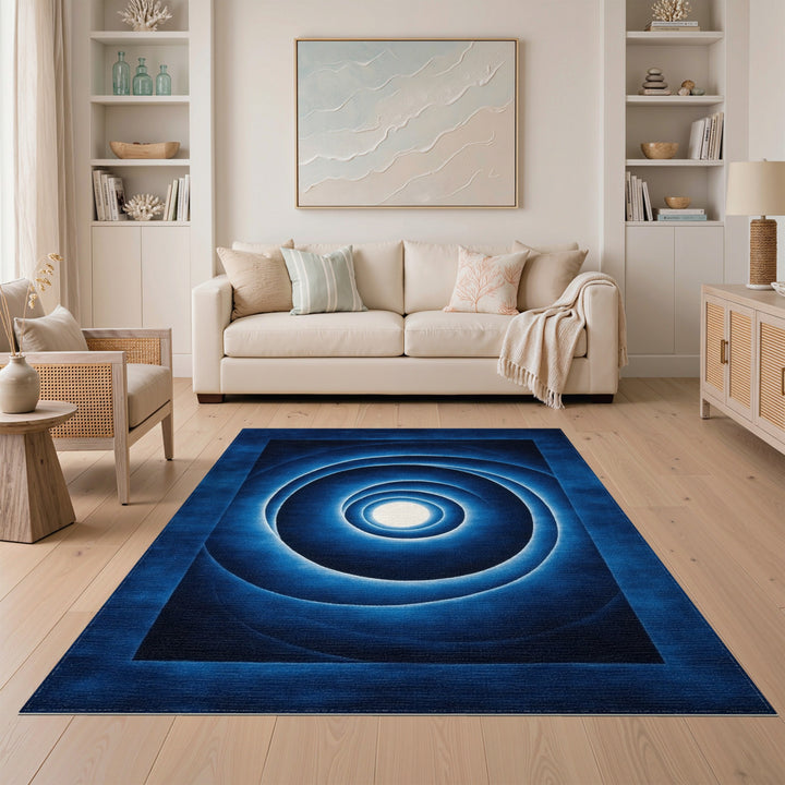 Blue and Teal Blue Concentric Circles Geometric Area Rug