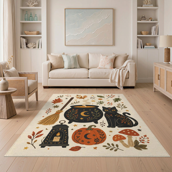 Whimsical Black Cat Cauldron Halloween Area Rug