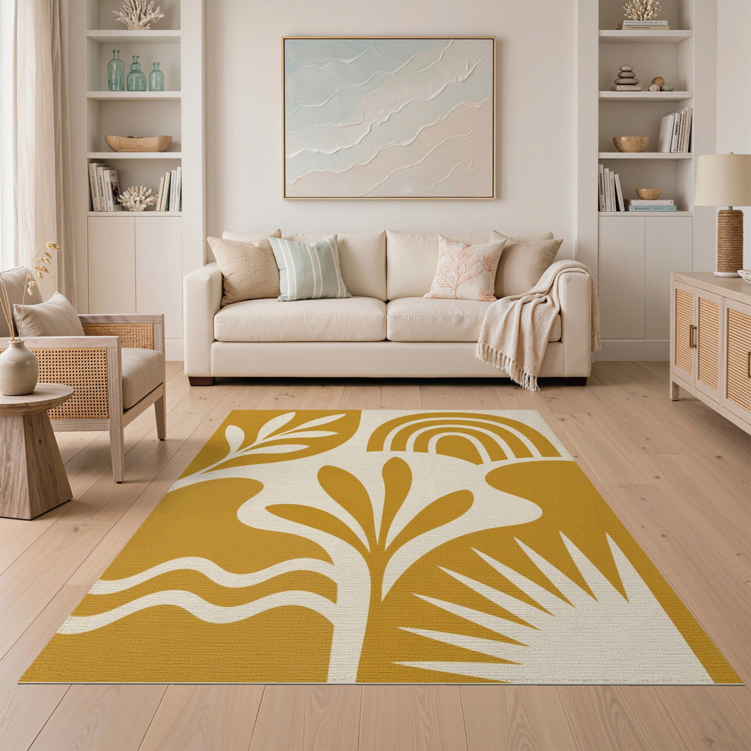 Yellow Boho Leaf Rainbow Area Rug