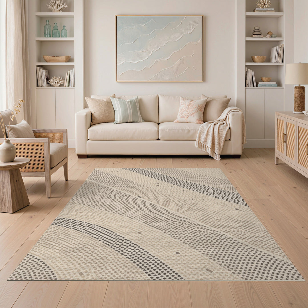 Beige and Neutral Beige Geometric Dot Line Area Rug