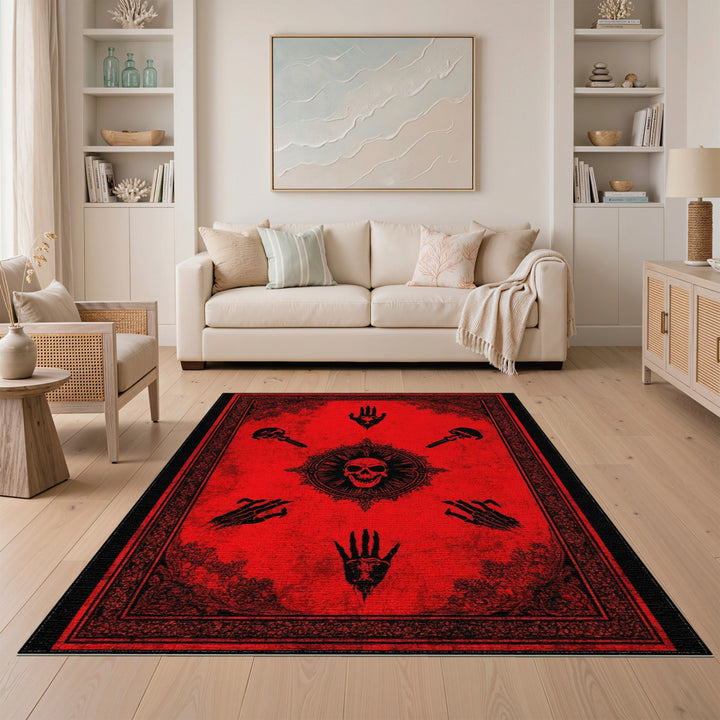 Red Distressed Gothic Skull Area Rug